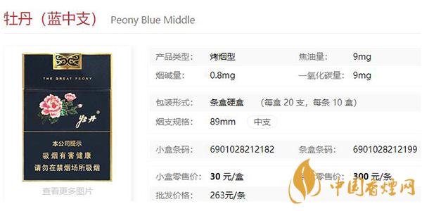 牡丹藍(lán)中支多少錢(qián)一盒 2021牡丹藍(lán)中支價(jià)格表和圖片一覽